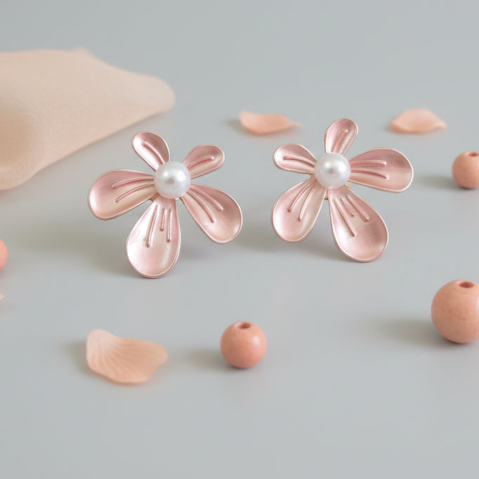 Statement peach floral earrings with pearl and gold plating durable and long lasting
