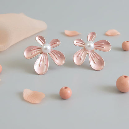 Statement peach floral earrings with pearl and gold plating durable and long lasting