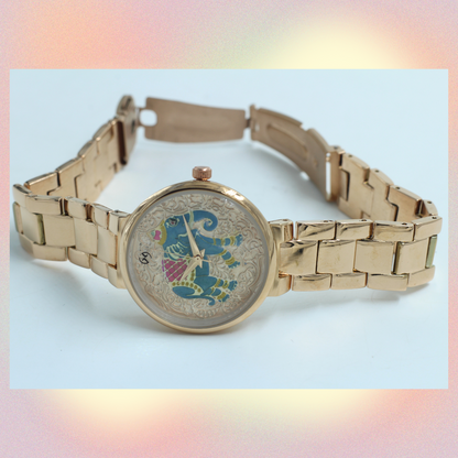 Traditional yet modern hand painted elephant dial watch rose gold chain