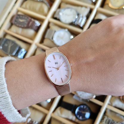 Modern style oval watch with BABY PINK MOP dial and full rose gold chain self adjustable watch