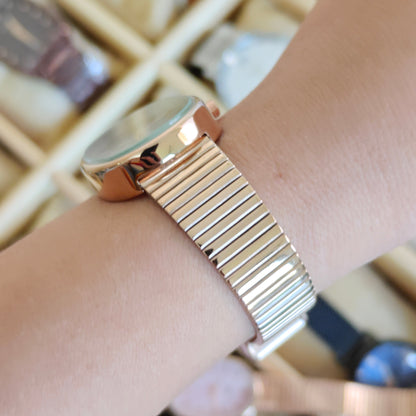 Modern style oval watch with BROWN MOP dial and full rose gold chain self adjustable watch