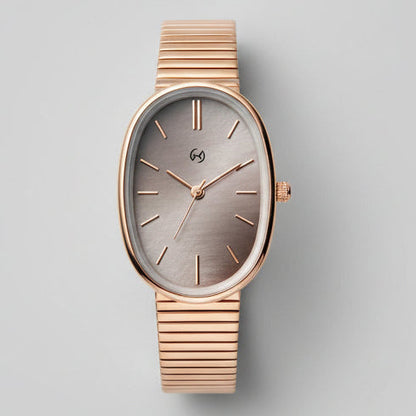 Modern style oval watch with BROWN MOP dial and full rose gold chain self adjustable watch
