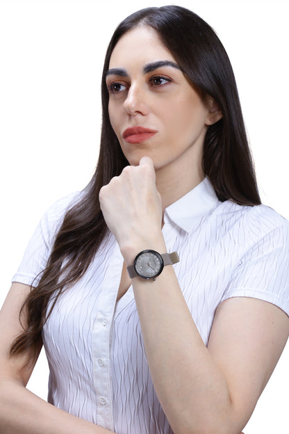 Dark olive strap watch with floral embossed dial featuring date window at 6