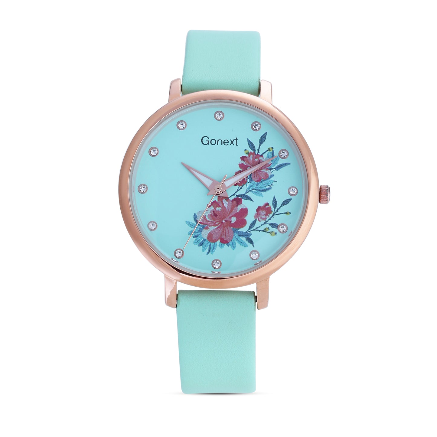 Pastel green strap watch with 3d floral detailing dial