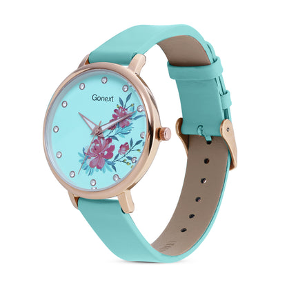 Pastel green strap watch with 3d floral detailing dial