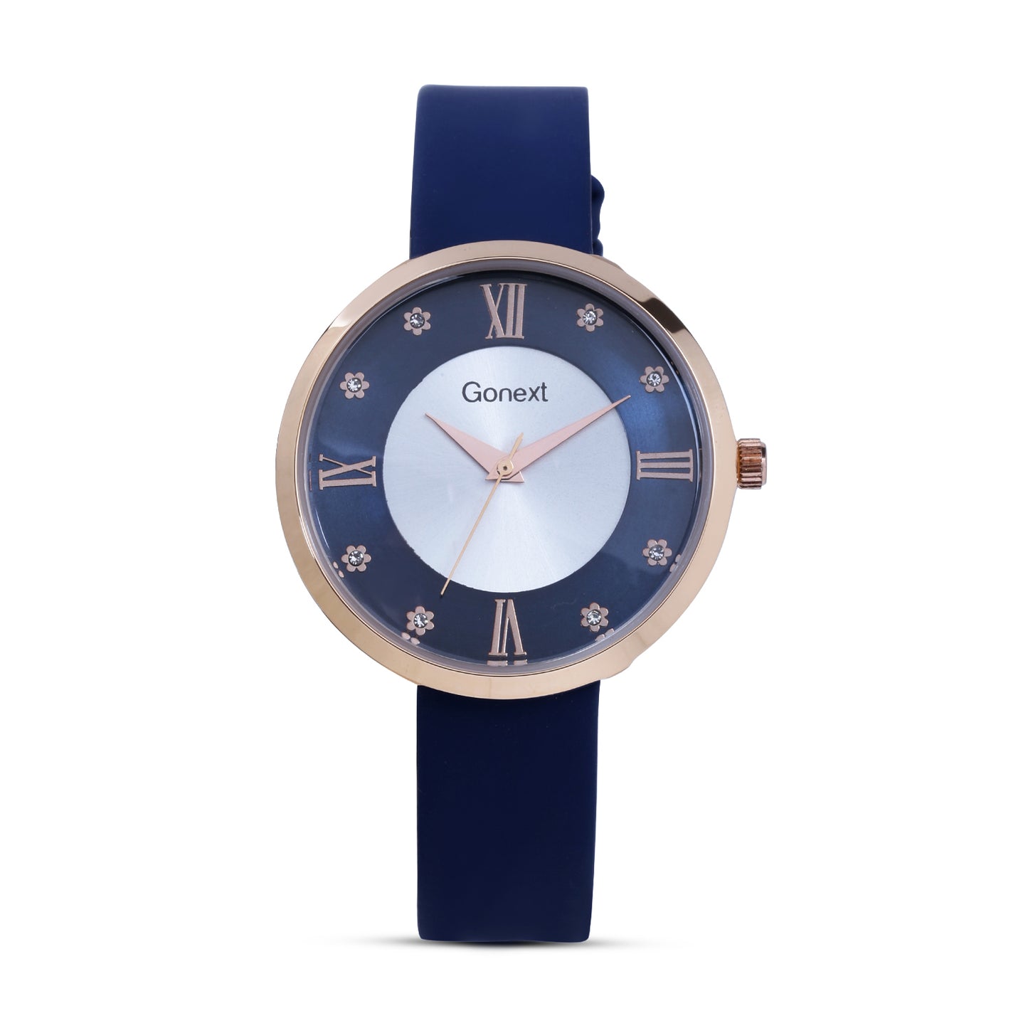 Vibrant blue strap watch with floral index and roman numerals