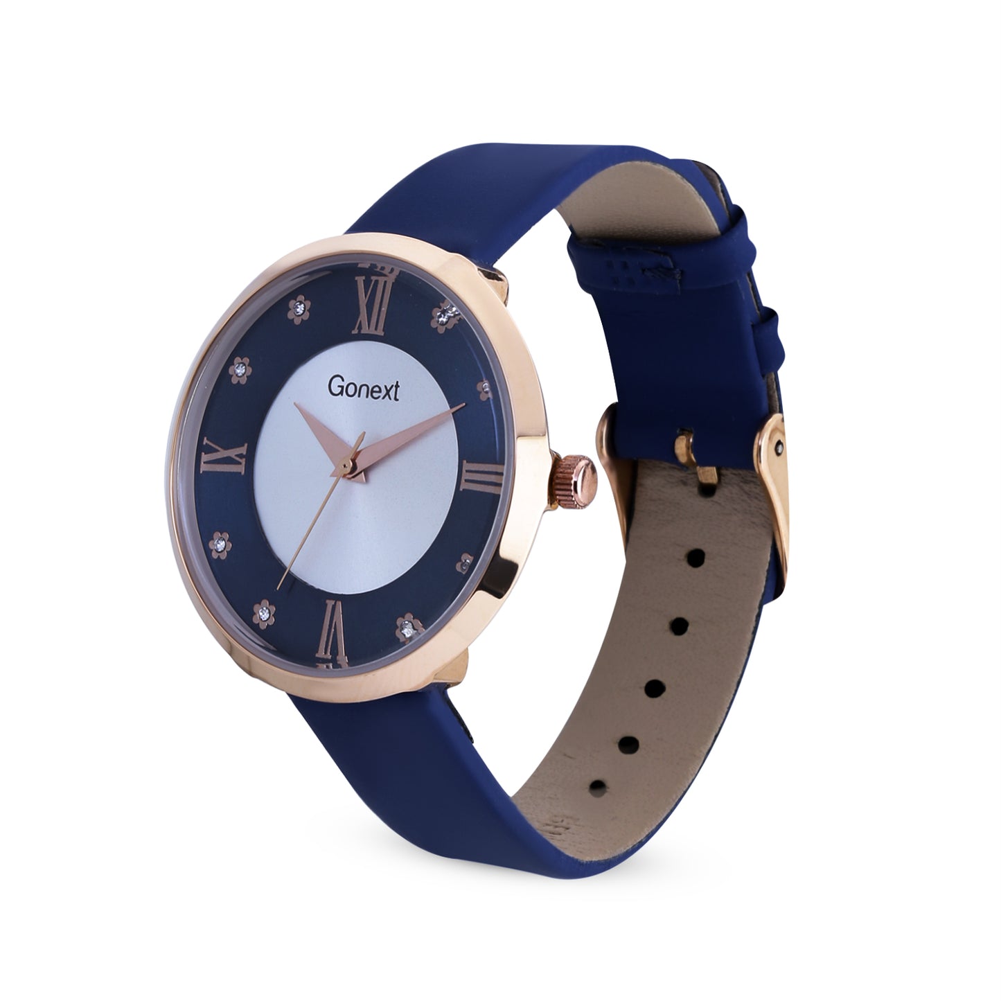 Vibrant blue strap watch with floral index and roman numerals