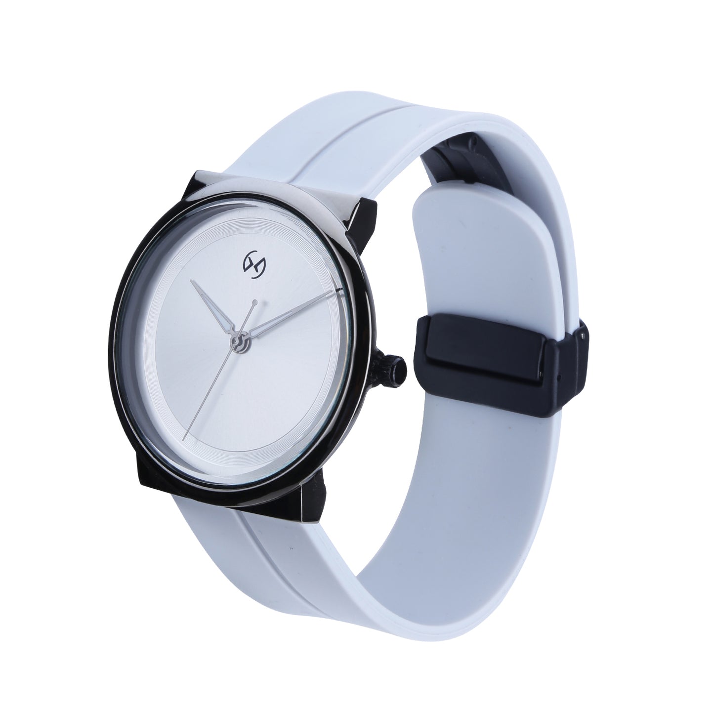 Unisex large dial watch with magnetic closure in jet black case with grey strap and dial