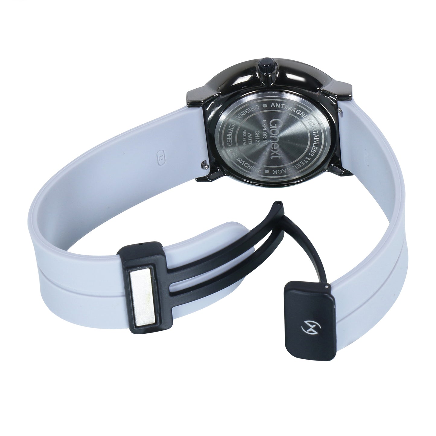 Unisex large dial watch with magnetic closure in jet black case with grey strap and dial