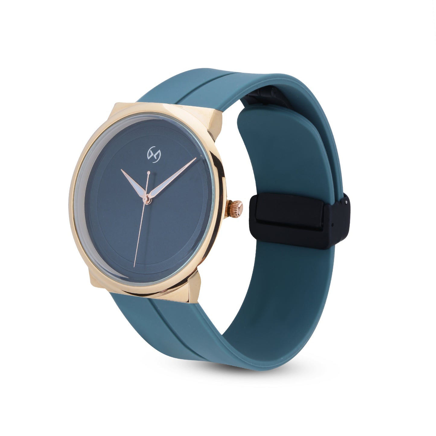 Unisex large dial watch with magnetic closure in rose gold case with green strap and dial