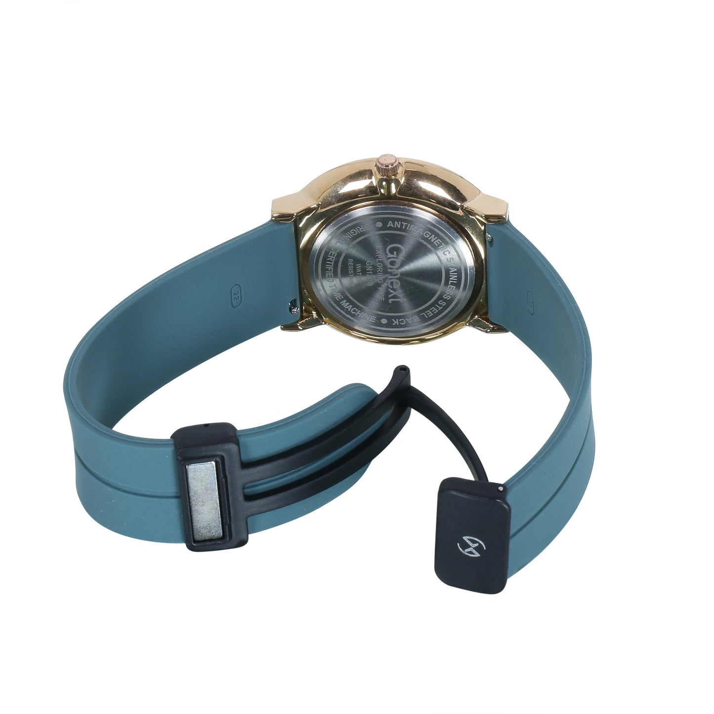 Unisex large dial watch with magnetic closure in rose gold case with green strap and dial