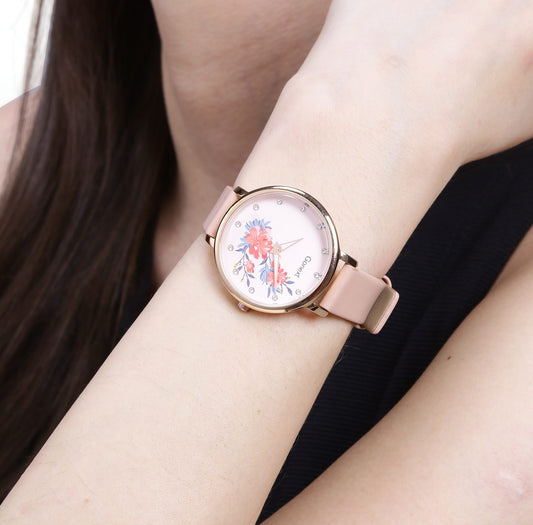 Pastel peach strap watch with 3d floral detailing dial