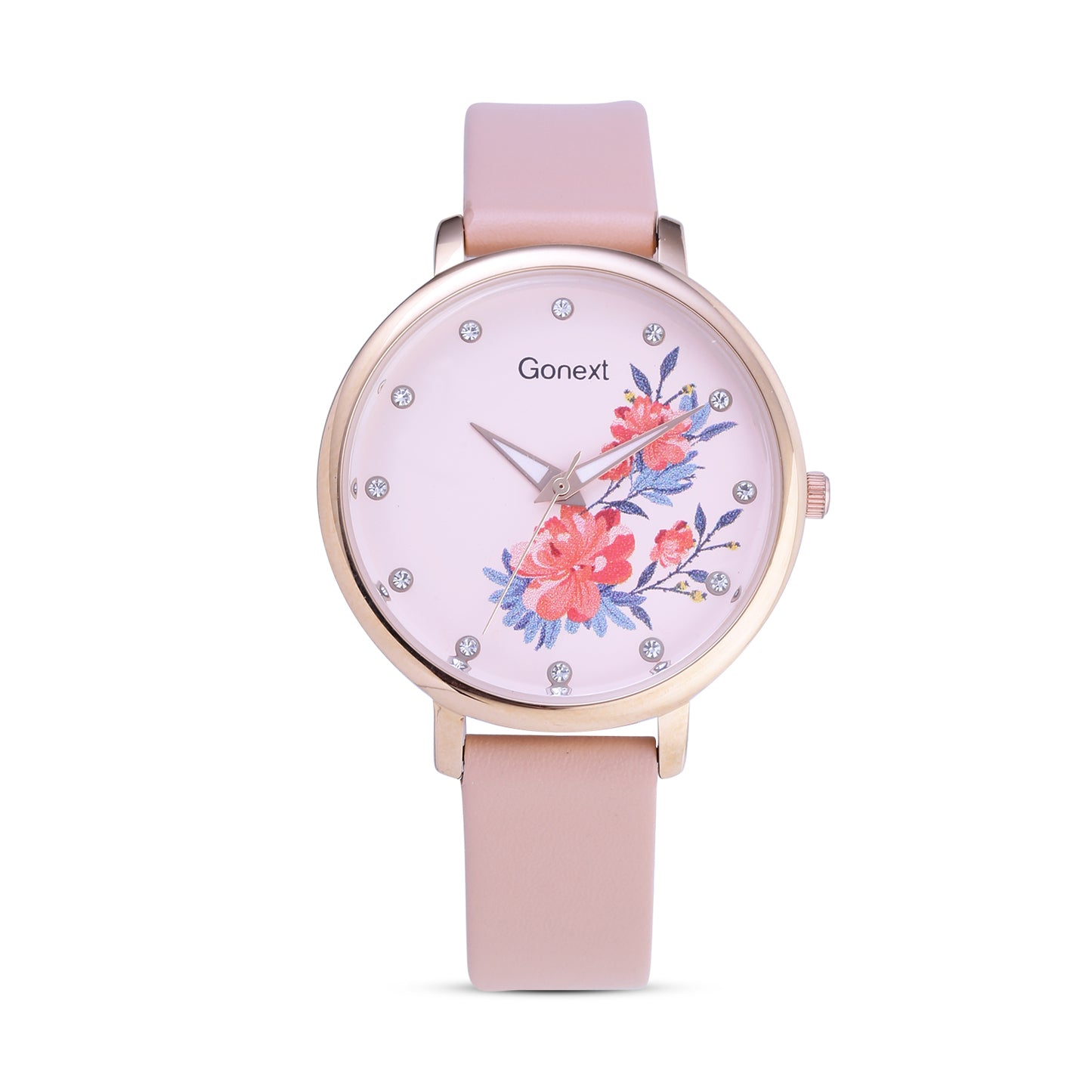 Pastel peach strap watch with 3d floral detailing dial