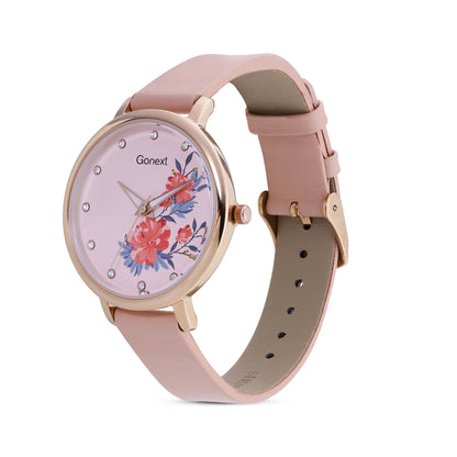 Pastel peach strap watch with 3d floral detailing dial