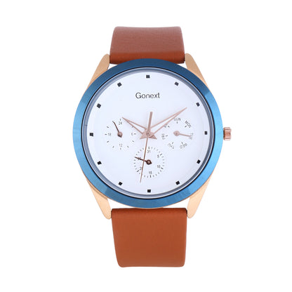 Multifunction watch for women with white dial, unique blue rim and soft leather strap