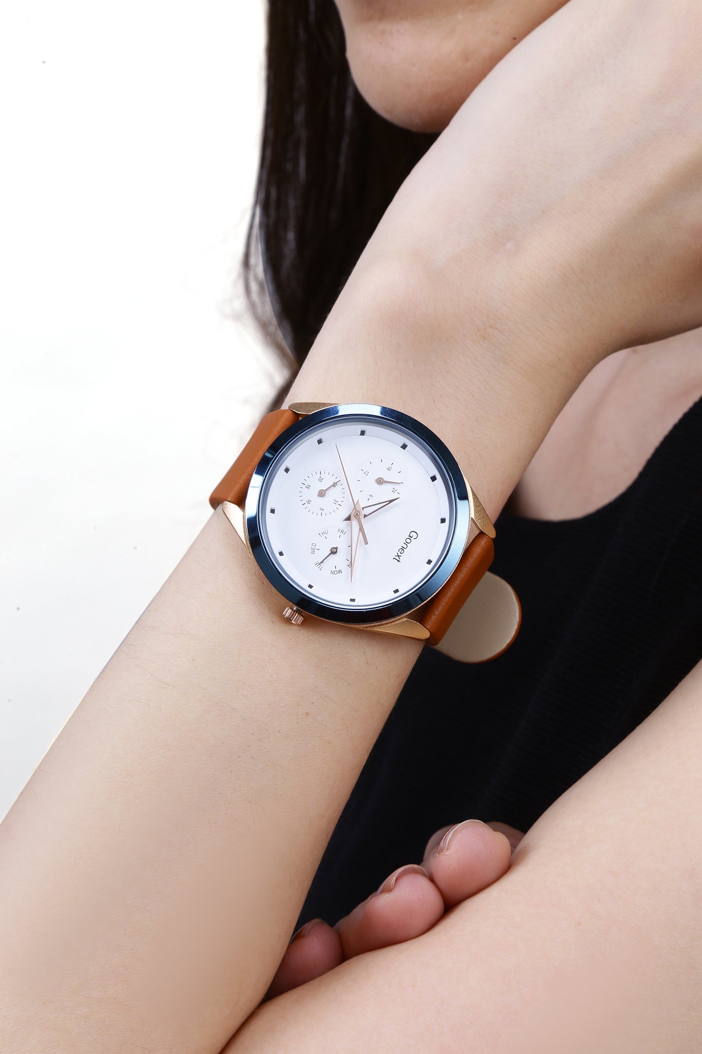 Multifunction watch for women with white dial, unique blue rim and soft leather strap