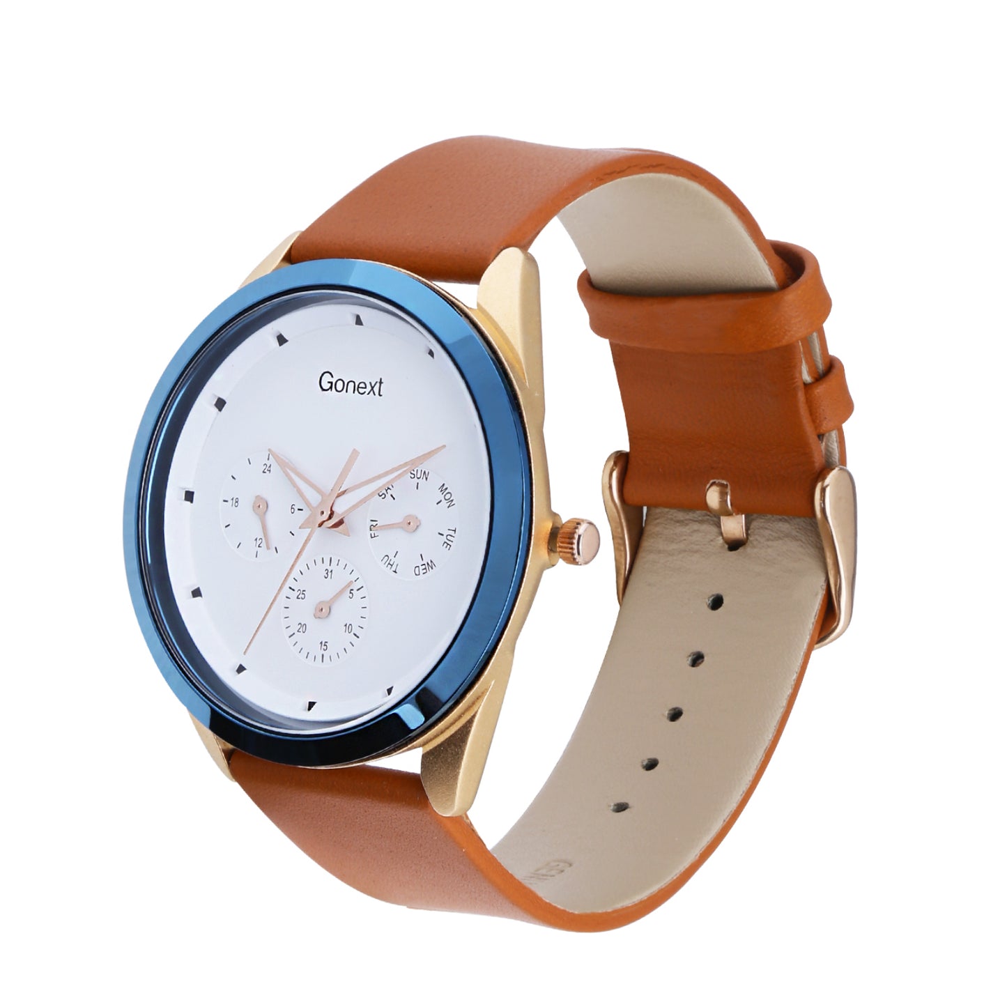 Multifunction watch for women with white dial, unique blue rim and soft leather strap