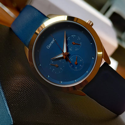 Multifunction deep blue dial with rose gold case : day ,month and week display watch for men