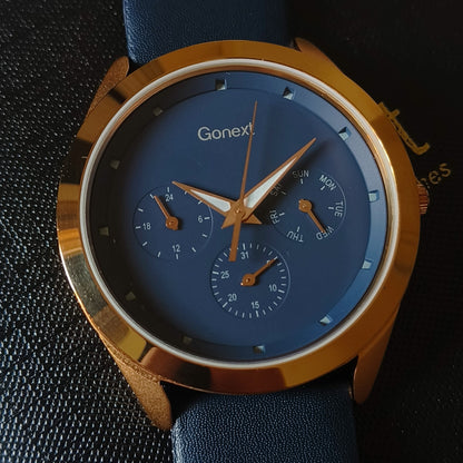 Multifunction deep blue dial with rose gold case : day ,month and week display watch for men