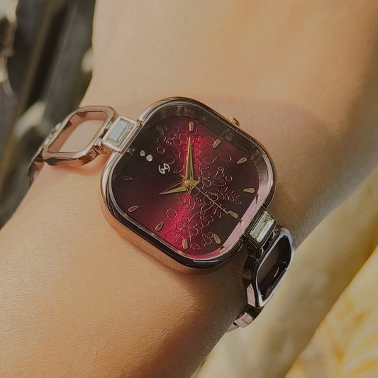 Unique brown watch with dark maroon dial in square case