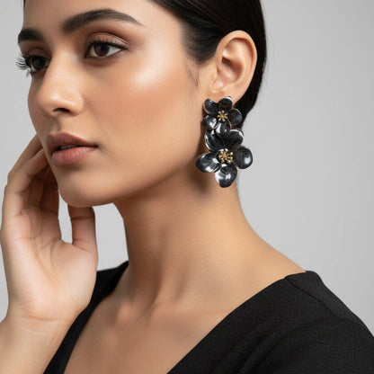 Super pretty enamel floral earrings with real detailing for women in black