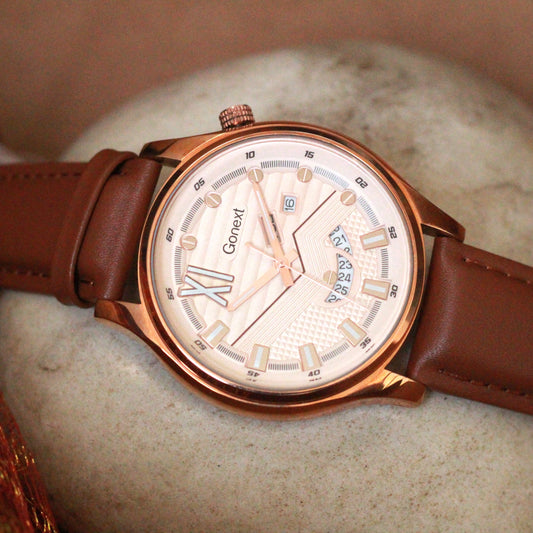 Tan brown watch (MEN) Day and Date display - Rose Gold Case