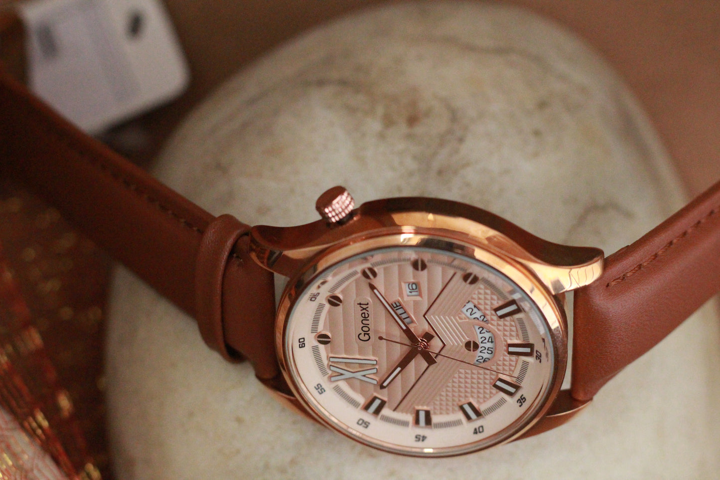 Tan brown watch (MEN) Day and Date display - Rose Gold Case