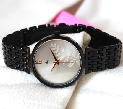 Armani Inspired Women black watch with pearl white dial