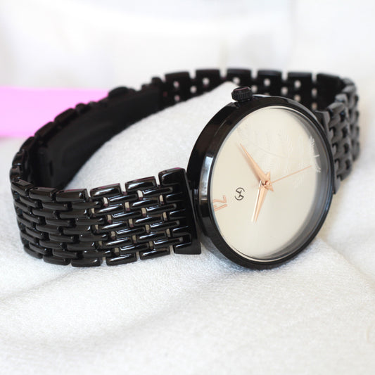 Armani Inspired Women black watch with pearl white dial