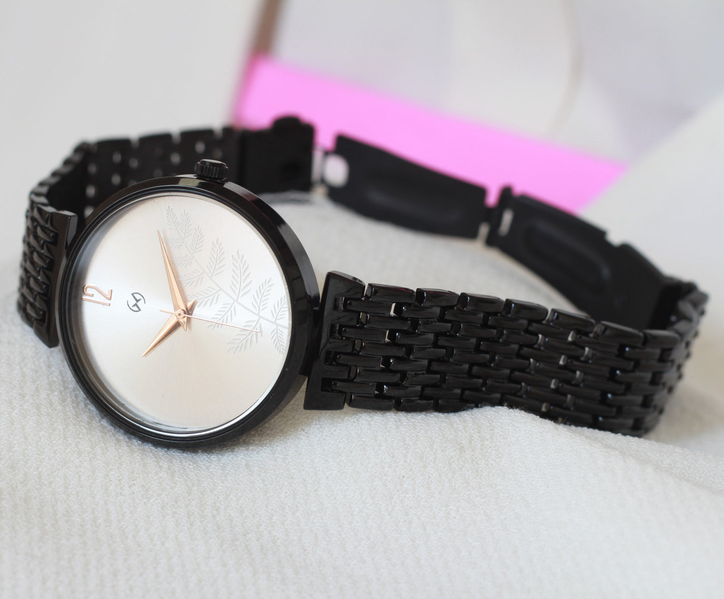 Armani Inspired Women black watch with pearl white dial