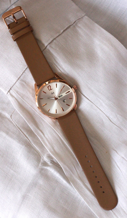 Rose gold formal watch for men with pearl white dial and Tan brown strap :day and date