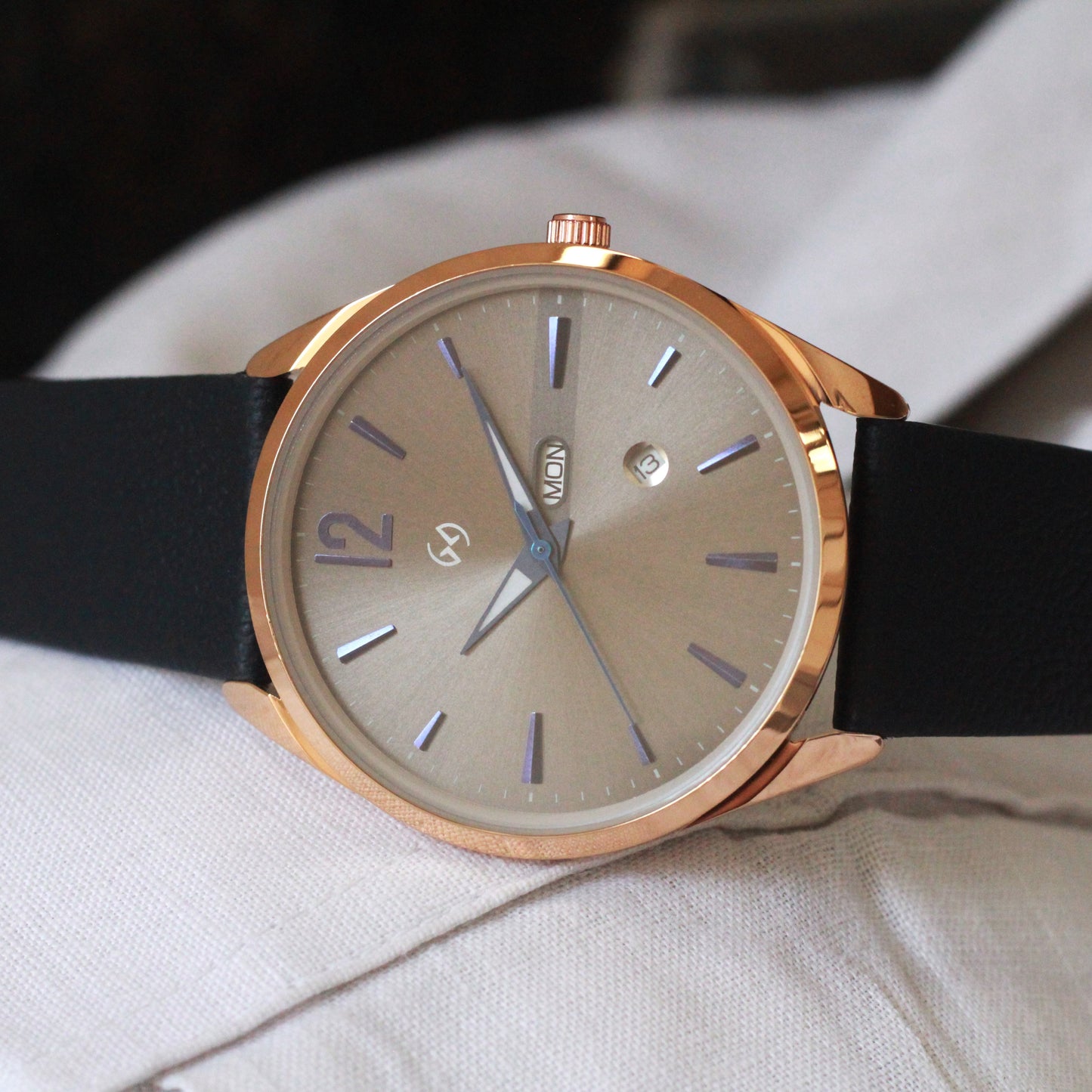 Blue index formal watch for men with rose gold case and dark blue strap