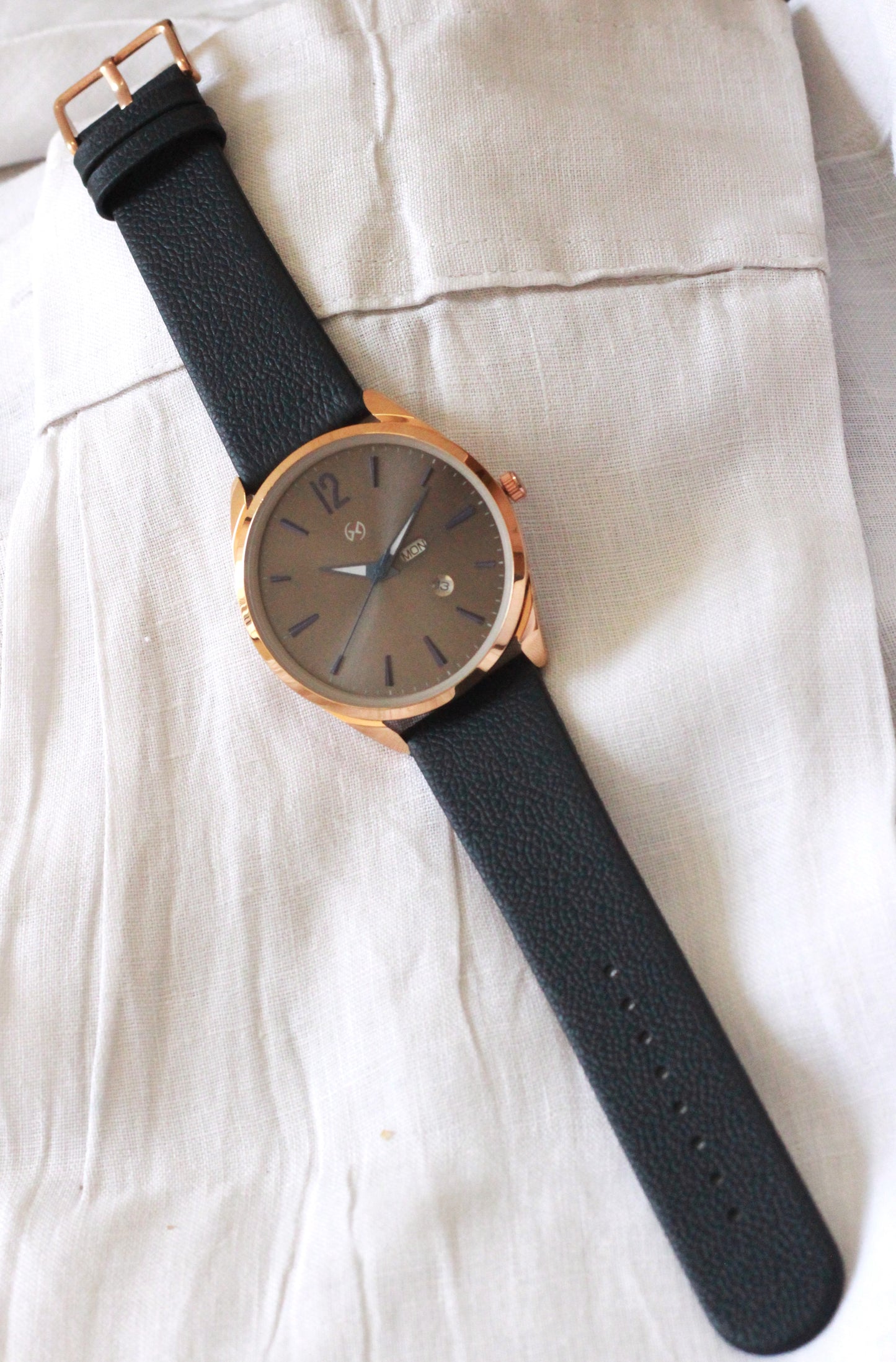 Blue index formal watch for men with rose gold case and dark blue strap