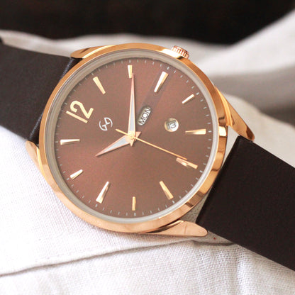 Formal watch for men with rose gold case and dark brown strap with day and date