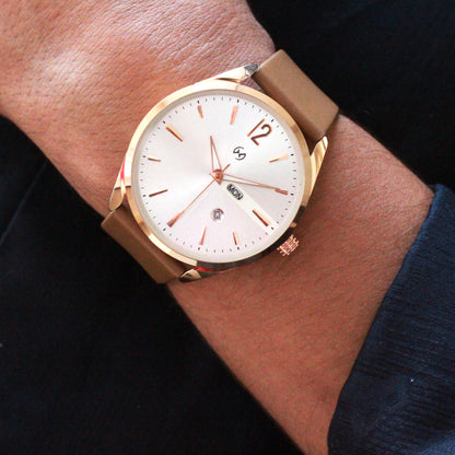 Rose gold formal watch for men with pearl white dial and Tan brown strap :day and date