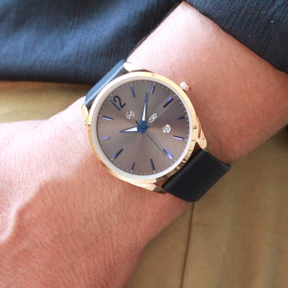 Blue index formal watch for men with rose gold case and dark blue strap