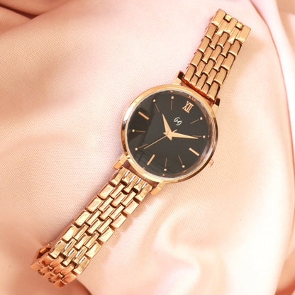 Two shade black dial watch with rose gold link chain for women