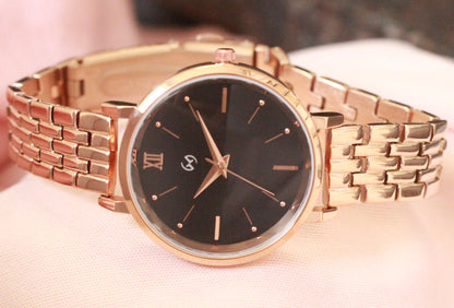 Two shade black dial watch with rose gold link chain for women