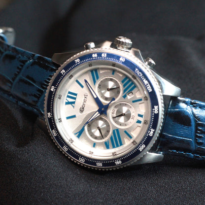 Men chronograph watch Blue jacquard padded strap and silver dial functions included : tachymeter