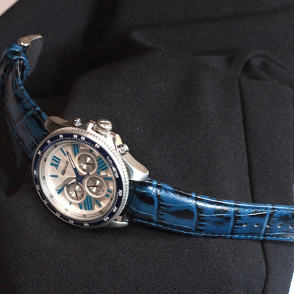 Men chronograph watch Blue jacquard padded strap and silver dial functions included : tachymeter