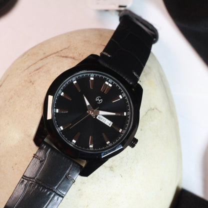 Black Heavy look watch for men with luminous hands and markers :day and date in black leather