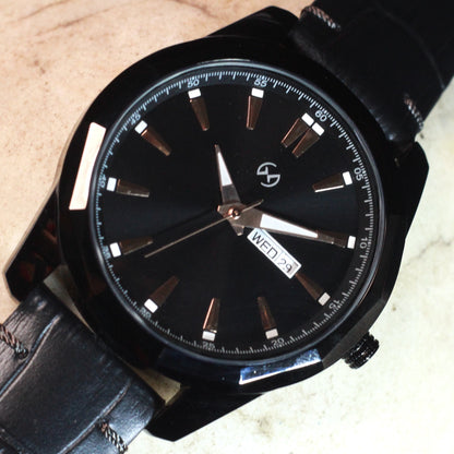 Black Heavy look watch for men with luminous hands and markers :day and date in black leather