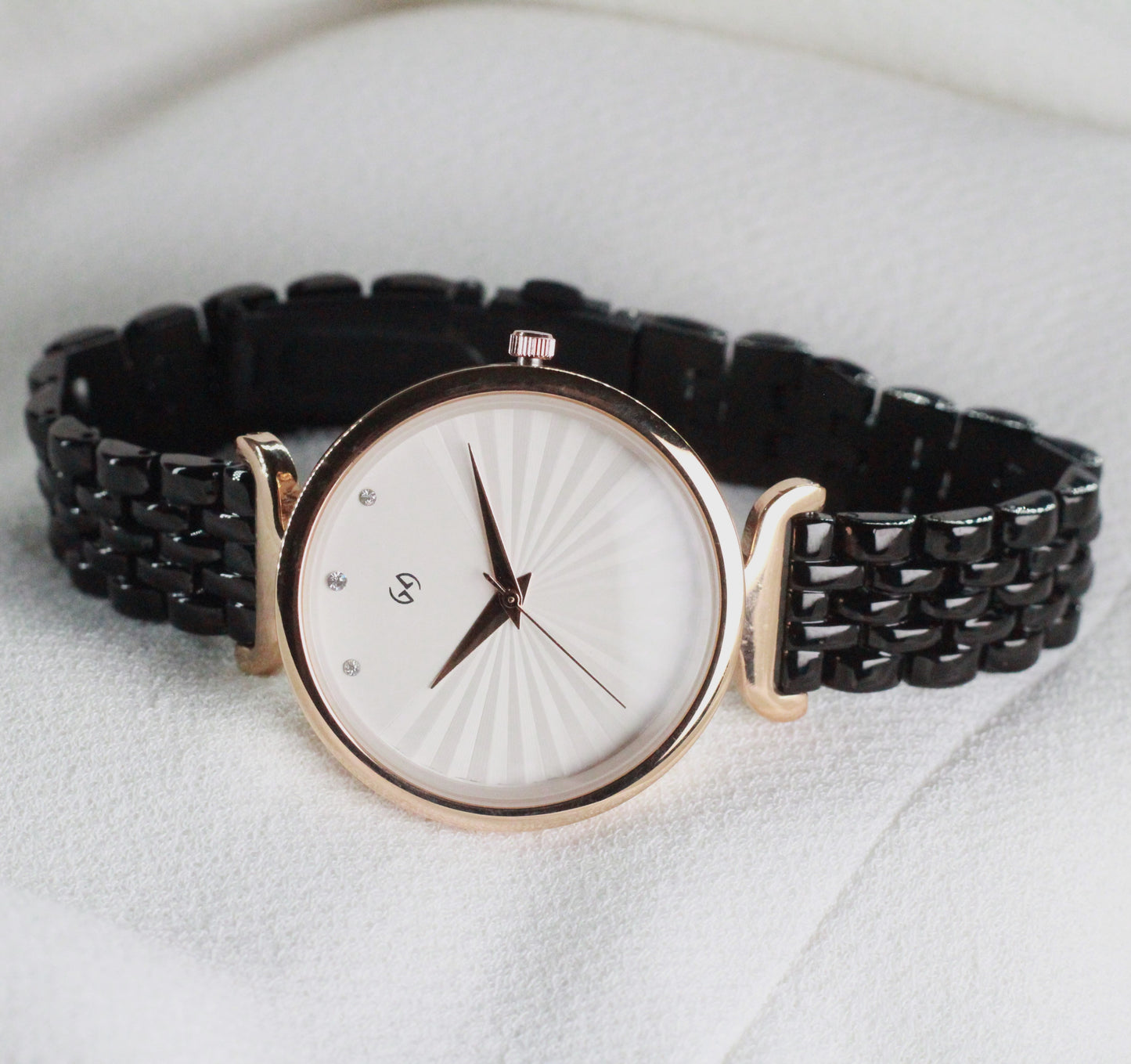 Trending rose black watch interlocking 5 link sleek chain with sun ray rose dial