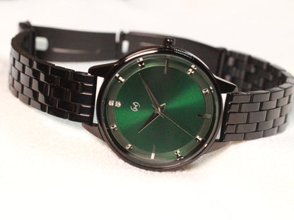 Deep green dial watch with 5 link black chain perfect for office and daily wear