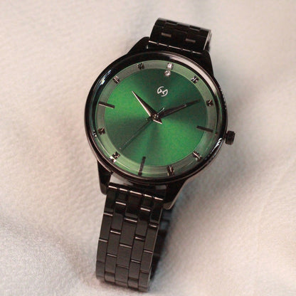 Deep green dial watch with 5 link black chain perfect for office and daily wear