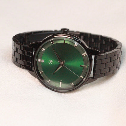 Deep green dial watch with 5 link black chain perfect for office and daily wear