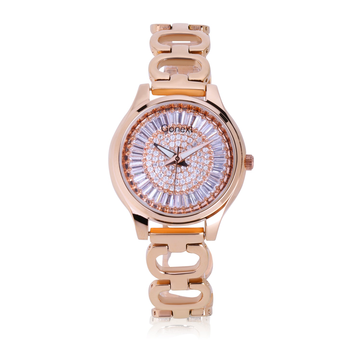 Shimmering all over Swarovski dial with rose gold bangle and luminous hands.