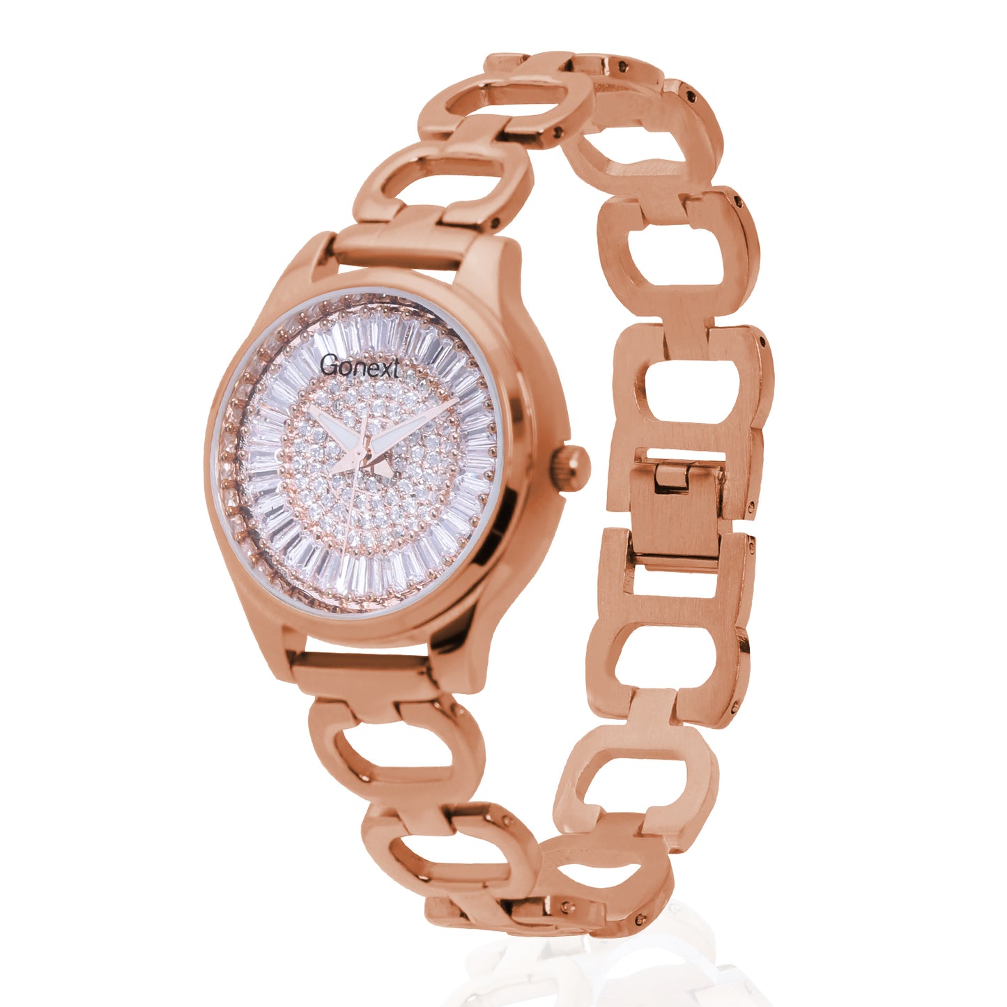 Shimmering all over Swarovski dial with rose gold bangle and luminous hands.