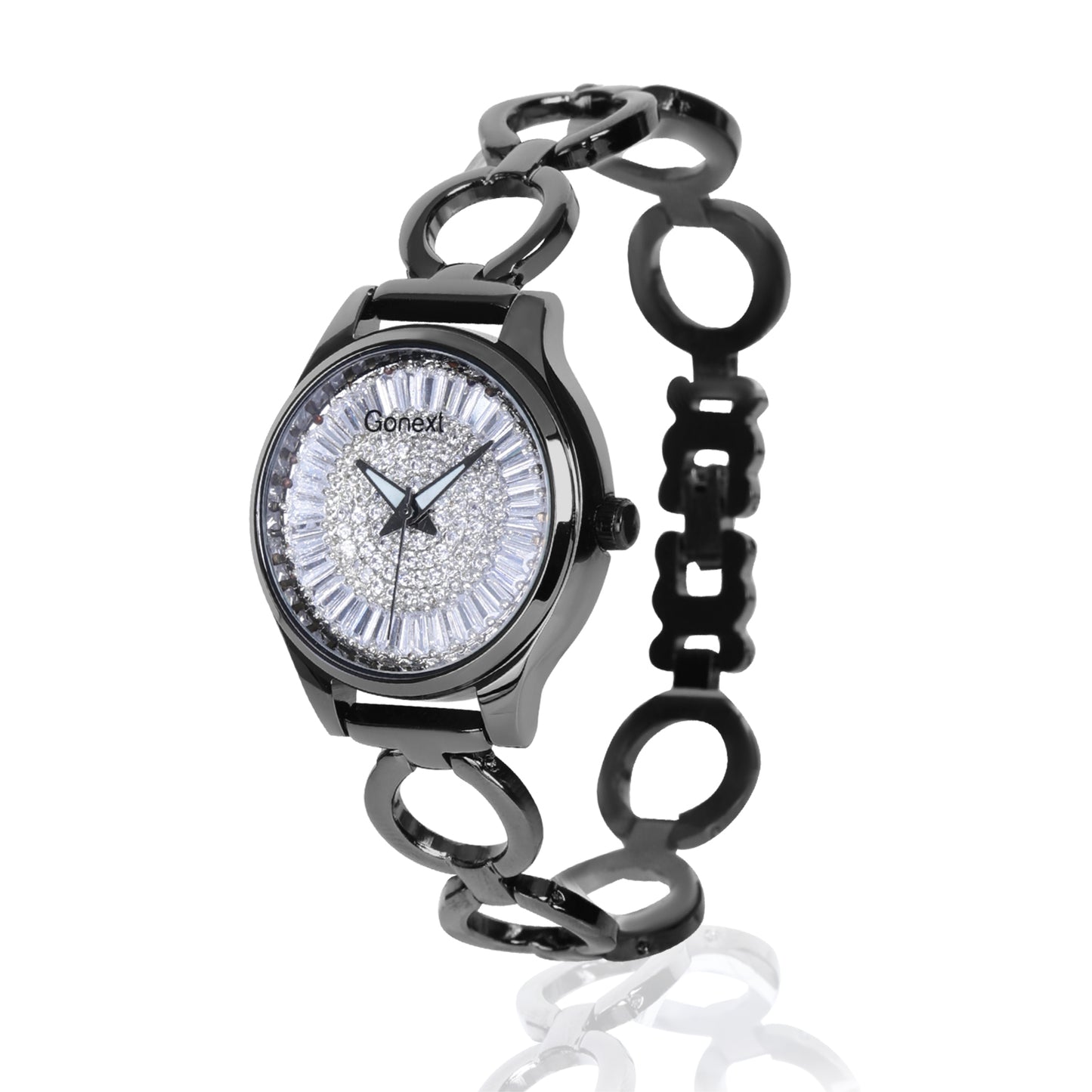 Shimmering all over Swarovski dial with rose black bangle and luminous hands