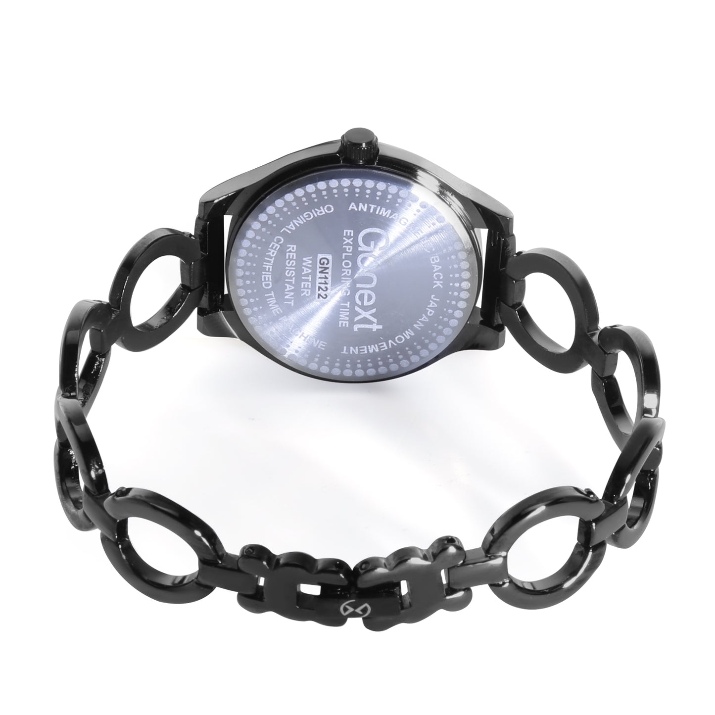 Shimmering all over Swarovski dial with rose black bangle and luminous hands